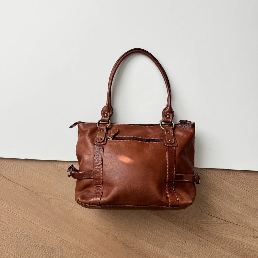Brown Leather Shoulder Bag Buckle Detail Zippered Tote Brass Hardware Luce